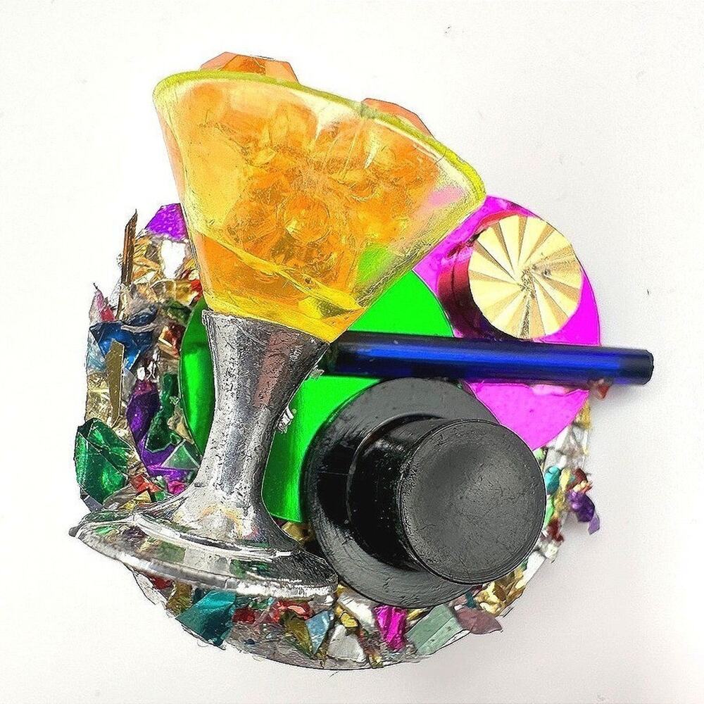 Vintage 90s Avant Garde Cocktail Martini Brooch Silver Tone Multi Colour Jewelry